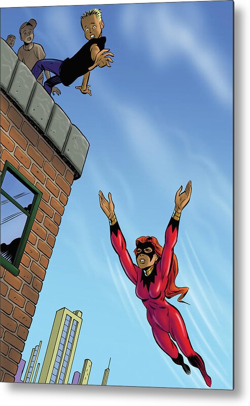 Apartment Metal Print featuring the digital art Super Heroine Rescuing Boy by Peter Richardson