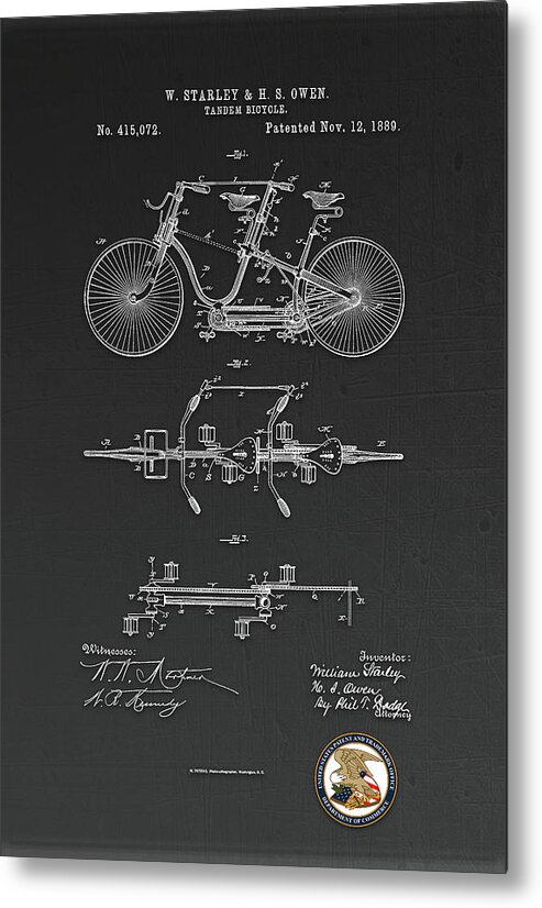Helmet Metal Print featuring the digital art Tandem Bicycle Patent Drawing by Carlos Diaz