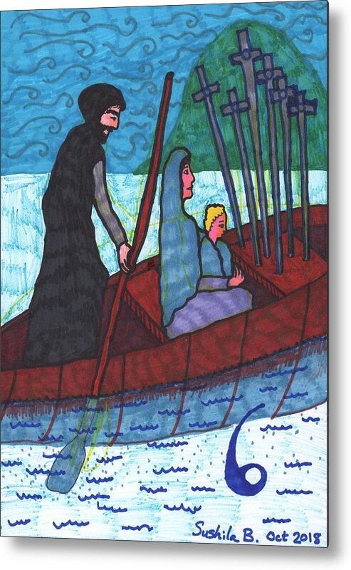 Tarot Metal Print featuring the drawing Tarot of the Younger Self Six of Swords by Sushila Burgess