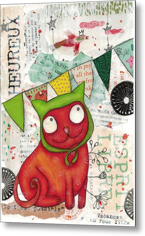 Illustration Metal Print featuring the mixed media The capped cat by Barbara Orenya