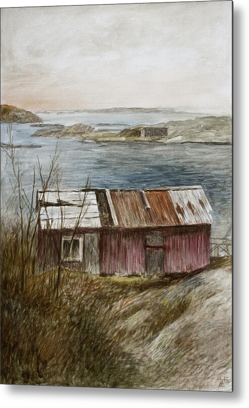 Hans Egil Saele Metal Print featuring the painting Fisherman's Shed at the World's End by Hans Egil Saele