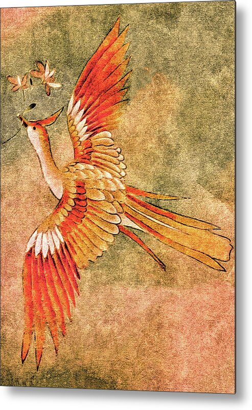 Flying Bird Metal Print featuring the tapestry - textile The Peahen's Gift - Kimono Series by Susan Maxwell Schmidt