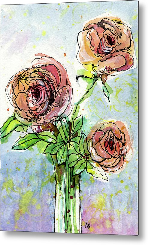 Watercolor Metal Print featuring the painting Three Roses by AnneMarie Welsh