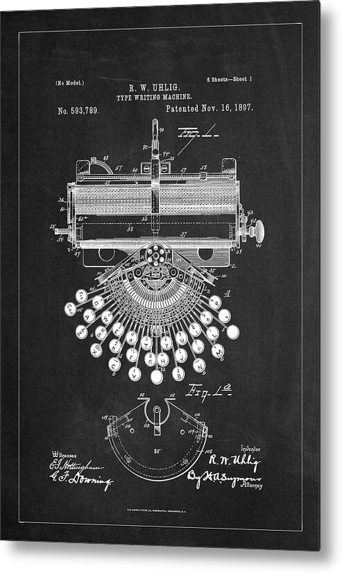 Type Writing Machine Patent Drawing Metal Print featuring the digital art Type Writing Machine Patent Drawing From 1897 - Charcoal by Carlos Diaz