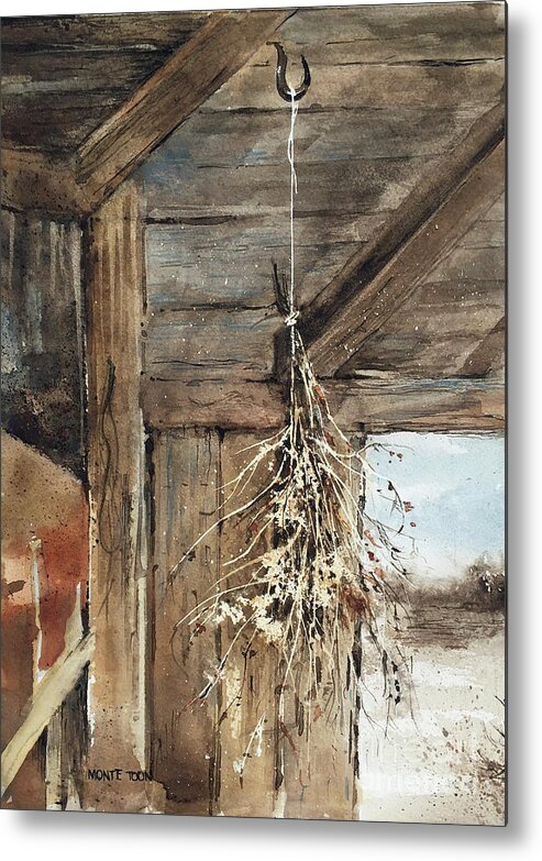 A Clump Of Dried Grasses Hangs From A String Inside A Weathered Barn In Jamestown.  Metal Print featuring the painting Winter Bouquet by Monte Toon