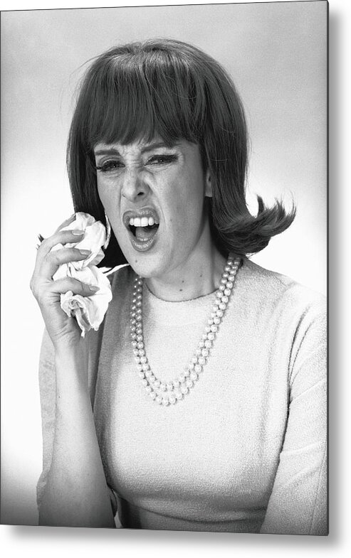 Cold And Flu Metal Print featuring the photograph Woman Sneezing In Studio, B&w by George Marks