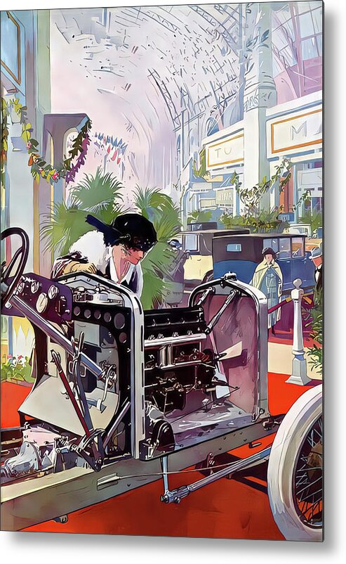 Vintage Metal Print featuring the mixed media Woman Viewing 1921 Isotta Fraschini At Motor Show Original French Art Deco Illustration by Retrographs
