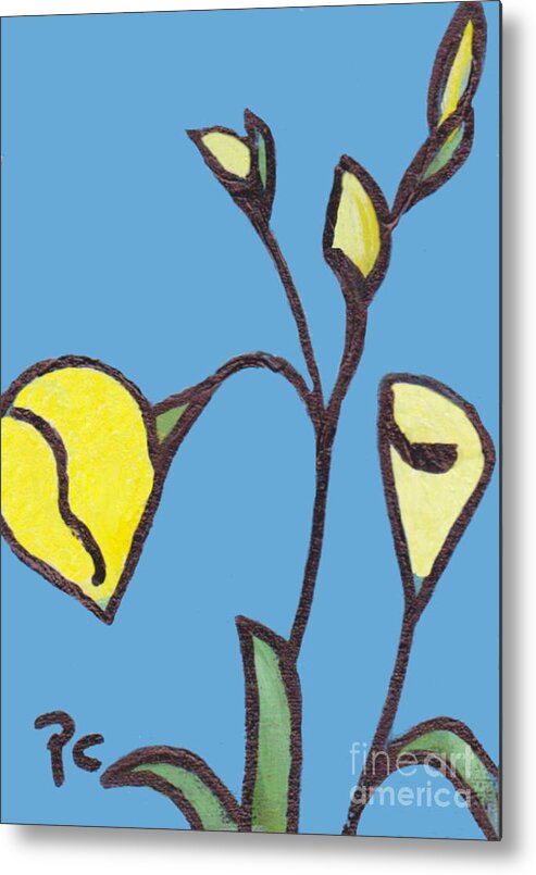 Blue Metal Print featuring the painting Yellow Buds On Blue by Patricia Cleasby