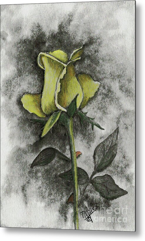 Drawing Metal Print featuring the drawing Yellow Rosebud by Terri Mills