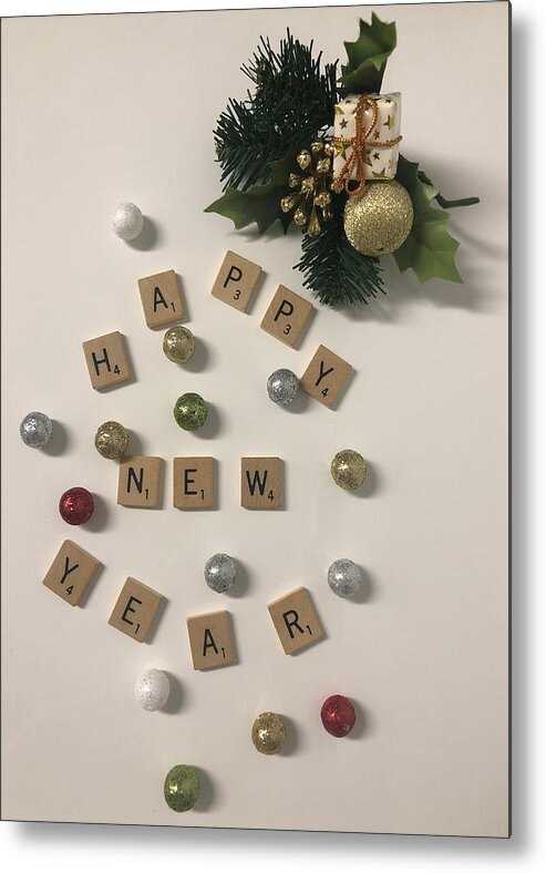 Scrabble Tiles Spell Out A New Year's Greeting Metal Print featuring the mixed media Happy New Year by Moira Law