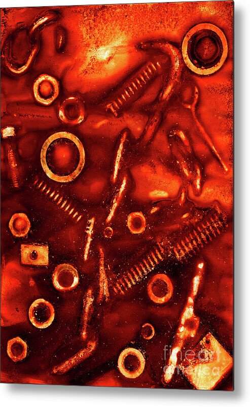 Rust Metal Print featuring the mixed media Imprint of rusty bolts, nuts, springs and other items #1 by Michal Boubin