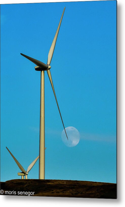 Moon Metal Print featuring the photograph Moon with windmills #1 by Moris Senegor