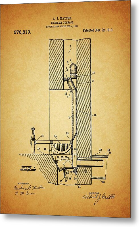 1910 Fireplace Furnace Patent Metal Print featuring the drawing 1910 Fireplace Furnace Patent by Dan Sproul