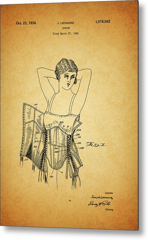 1934 Corset Patent Metal Print featuring the drawing 1934 Corset Patent by Dan Sproul