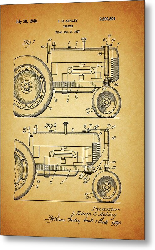 1940 Tractor Patent Drawing Metal Print featuring the drawing 1940 Tractor Patent Drawing by Dan Sproul