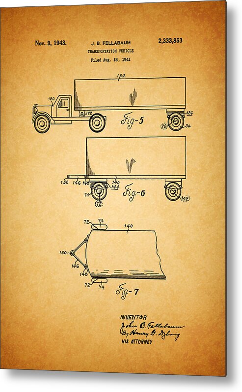 1943 Tractor Trailor Rig Patent Metal Print featuring the drawing 1943 Semi Truck Patent by Dan Sproul