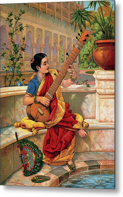Raja Ravi Varma Metal Print featuring the painting A seated Indian woman plays a sitar next to a Garden Pond by Ravi Varma