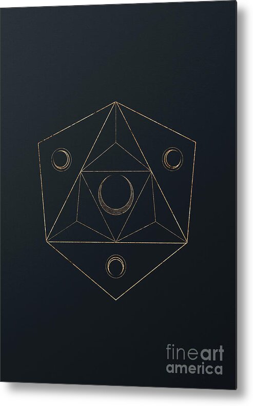 Glyph Metal Print featuring the mixed media Abstract Geometric Gold Glyph Art on Dark Teal Blue 320 Vertical by Holy Rock Design