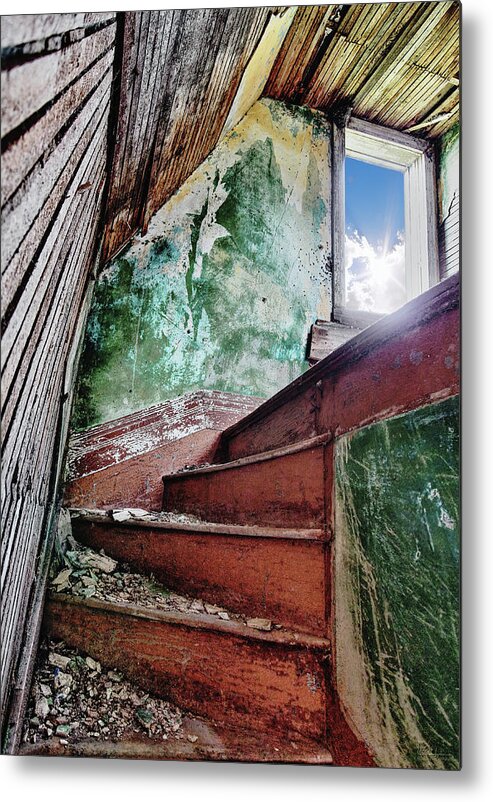 Torgerson Metal Print featuring the photograph Ascendant - handcrafted stairwell in the abandoned Torgerson farm homestead by Peter Herman