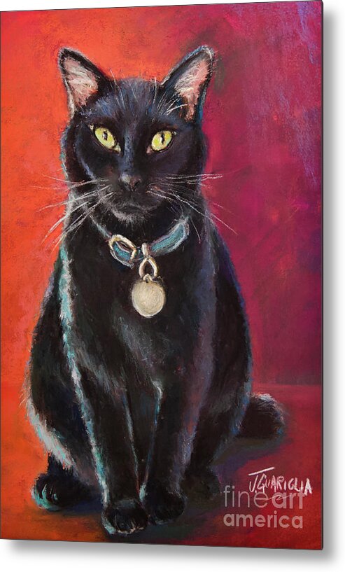 Black Cat Metal Print featuring the painting Black Cat sitting by Joyce Guariglia