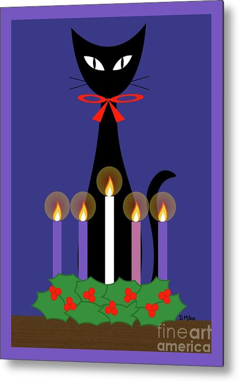 Christmas Metal Print featuring the digital art Black Cat with Christmas Advent Wreath by Donna Mibus