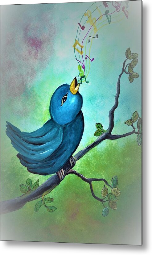 Bird Metal Print featuring the painting Blue bird singing by Tara Krishna