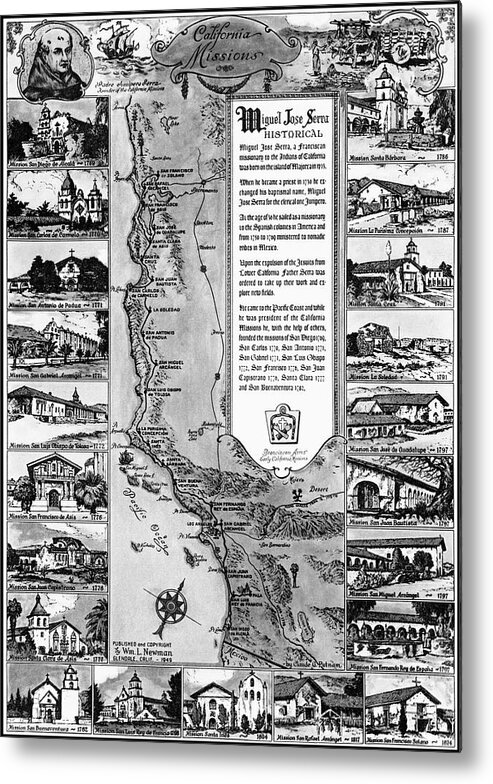 California Metal Print featuring the photograph California Missions Vintage Pictorial Map 1949 Black and White by Carol Japp