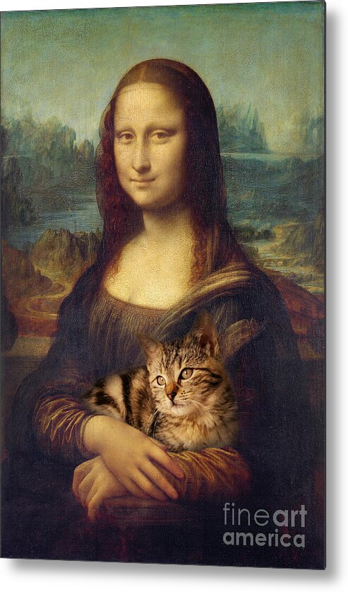 Mona Lisa Metal Print featuring the painting Cat portrait with Mona Lisa by Delphimages Photo Creations