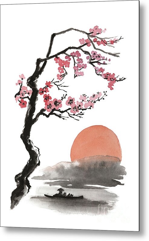 Cherry Blossom Painting, Cherry Blossom Chinese Art, Sakura Wall Decor,  Sunrise Poster, Zen Poster Metal Print by Mariusz Szmerdt Pixels