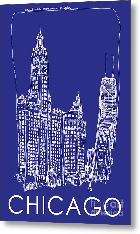 Chicago. Wrigley & Hancock Bldgs Poster Metal Print featuring the drawing Chicago. Wrigley and Hancock Bldgs Poster by Robert Birkenes