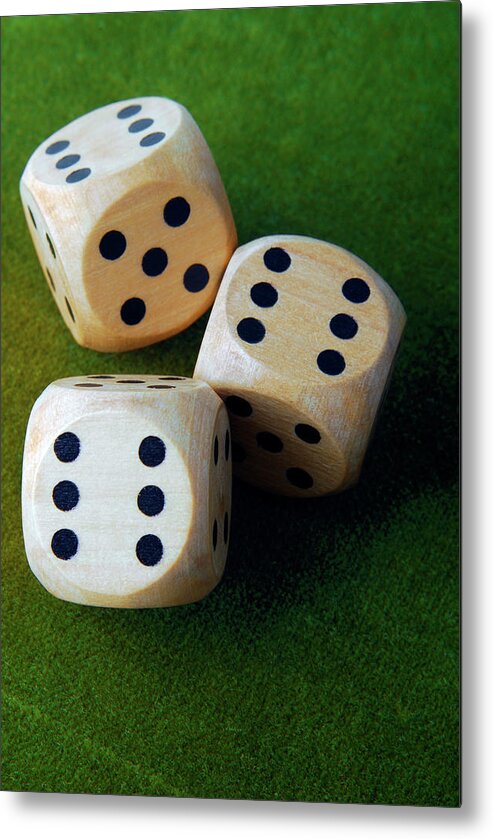 Dice Metal Print featuring the photograph Closeup Of The Dices On Green Table by Severija Kirilovaite