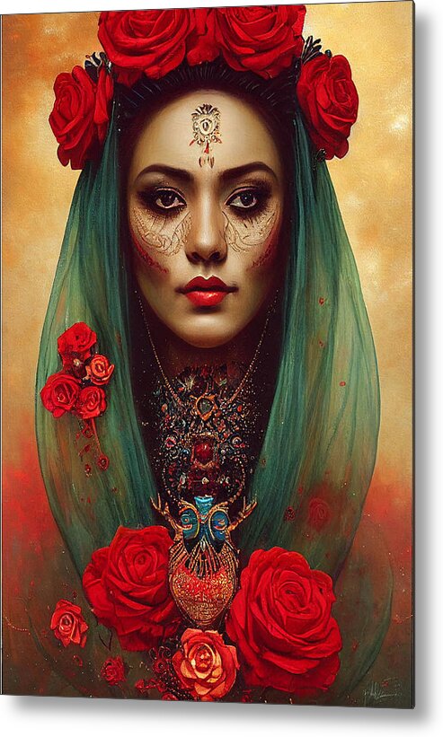 Beautiful Metal Print featuring the painting Closeup Portrait Of Beautiful Mexican Queen Of Th 4fe6ce64 5481 4142 Ae54 E451d4f6a147 by MotionAge Designs