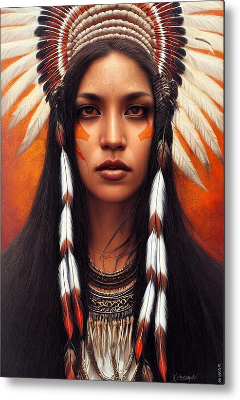 Beautiful Metal Print featuring the painting Closeup Portrait Of Beautiful Native American Wom 44777eb4 86ef 451e 8412 15e4cf2e6574 by MotionAge Designs