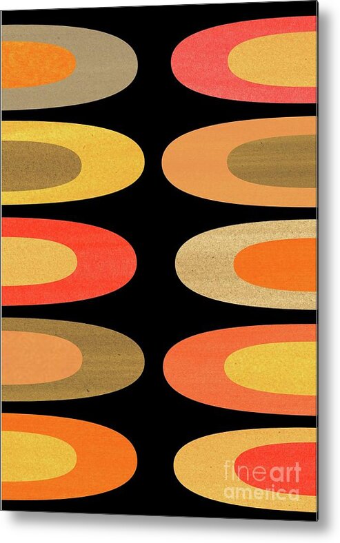 Tan Metal Print featuring the mixed media Concentric Oblongs in Warm Colors on Black by Donna Mibus