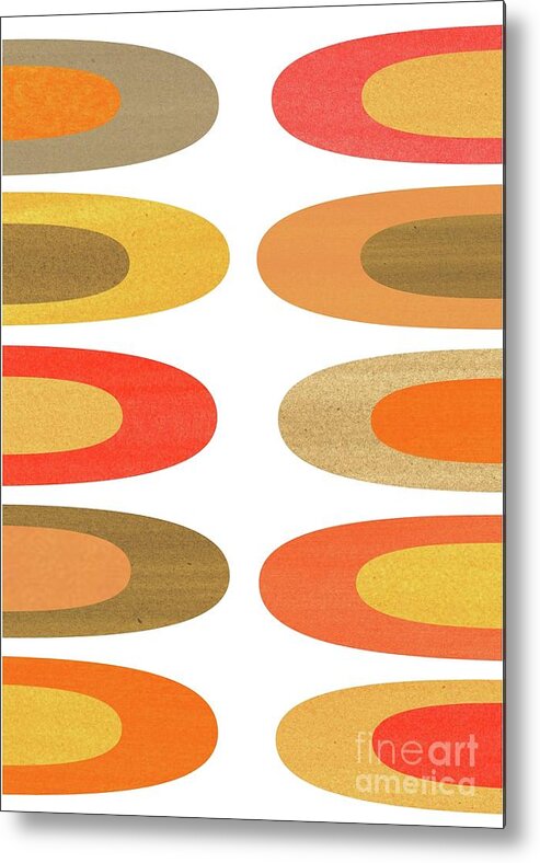 Tan Metal Print featuring the mixed media Concentric Oblongs in Warm Colors on White by Donna Mibus