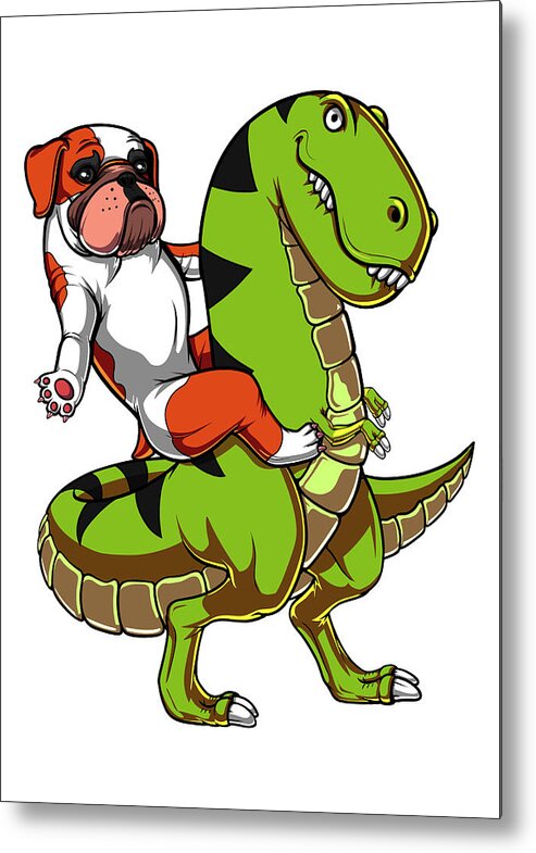 English Bulldog Lover Gift Metal Print featuring the digital art English Bulldog Riding T-Rex Dinosaur by Nikolay Todorov