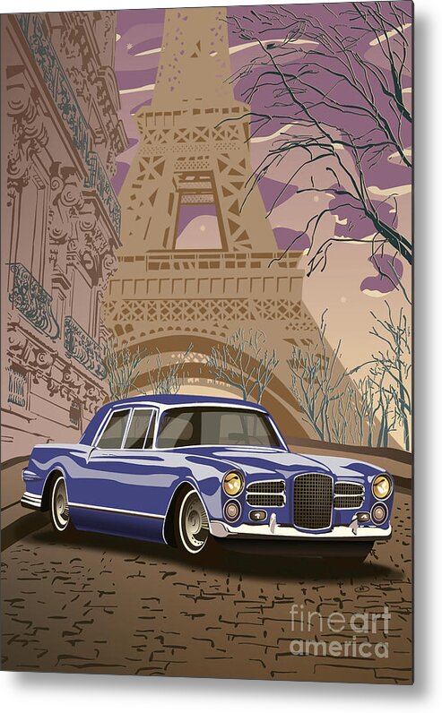 Art Deco Metal Print featuring the painting Facel Vega - Paris est a nous. Classic Car Art Deco Style Poster Print Blue Edition by Moospeed Art