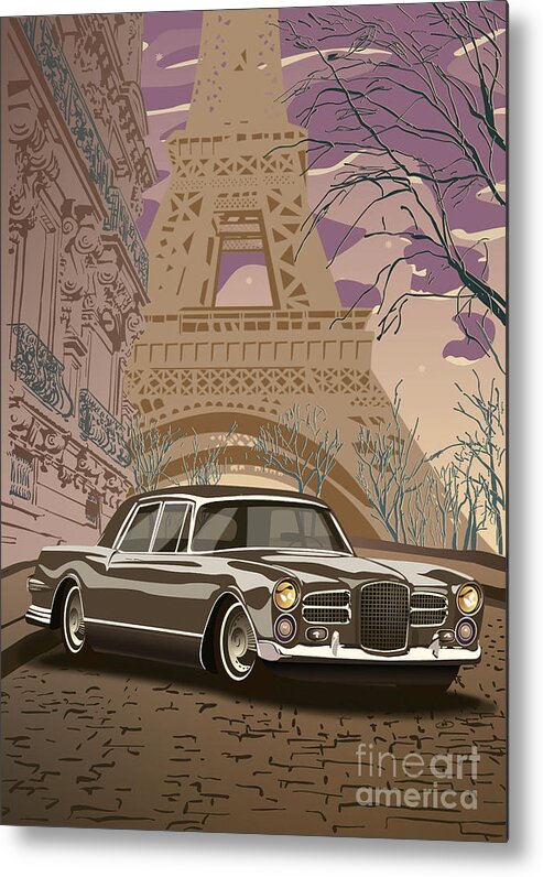 Art Deco Metal Print featuring the digital art Facel Vega - Paris est a nous. Classic Car Art Deco Style Poster Print Brown Edition by Moospeed Art