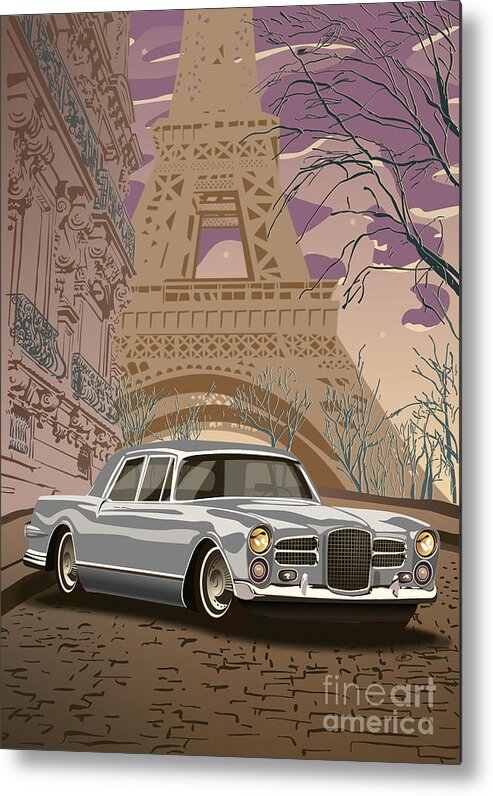 Art Deco Metal Print featuring the digital art Facel Vega - Paris est a nous. Classic Car Art Deco Style Poster Print Grey Edition by Moospeed Art