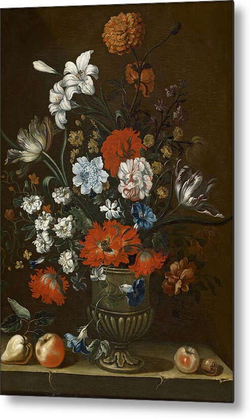 Floral Metal Print featuring the painting Floral Still Life With Red Carnations In A Silver Vase by MotionAge Designs
