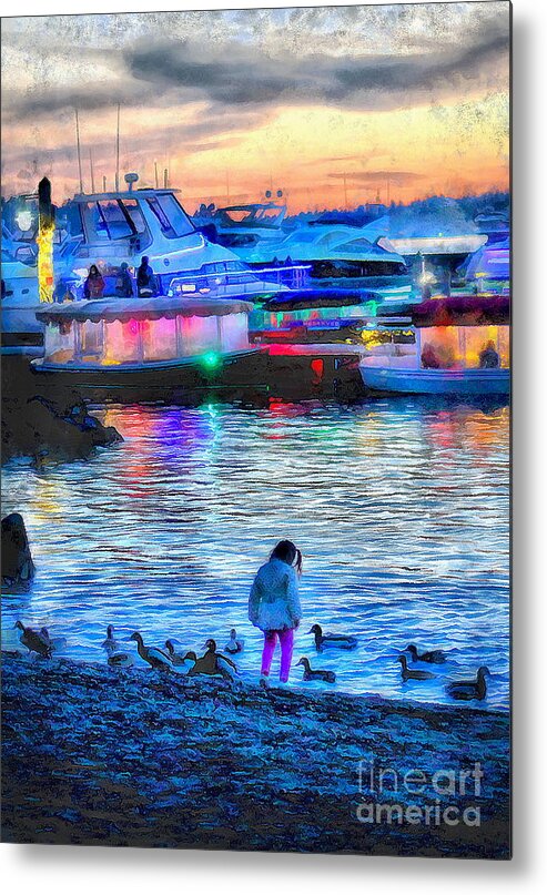 Girl Metal Print featuring the photograph Girl by the Lake with Holiday Lights by Sea Change Vibes