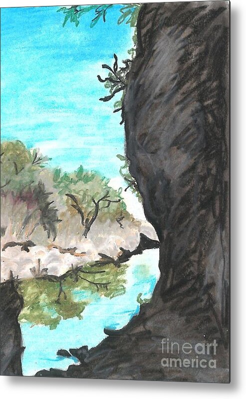 Blue And Black River Metal Print featuring the drawing Government Canyon Oil Pastel by Expressions By Stephanie