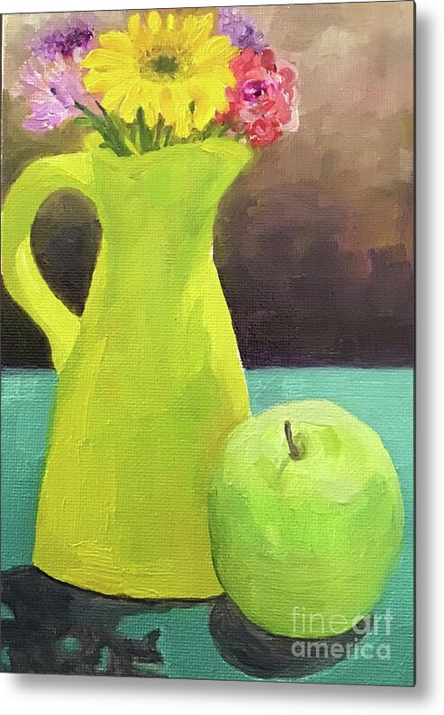 Apple Metal Print featuring the painting Green Pitcher and Apple by Anne Marie Brown