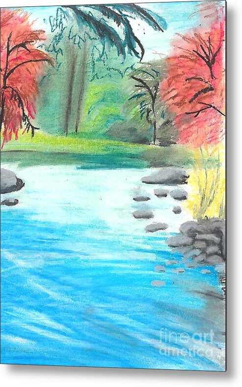 Oil Pastel River Drawing Metal Print featuring the drawing Gruene River Oil Pastel by Expressions By Stephanie