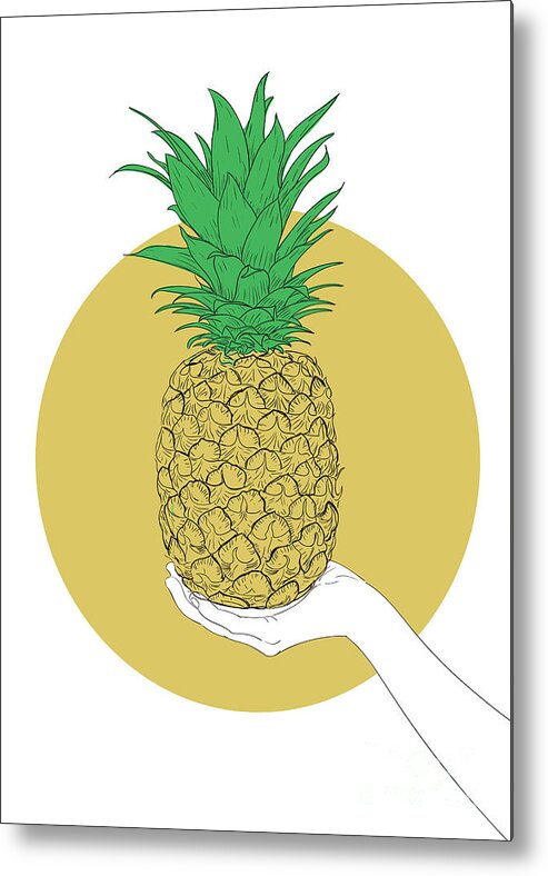 Graphic Metal Print featuring the digital art Hand Holding Pineapple - Line Art Graphic Illustration Artwork by Sambel Pedes