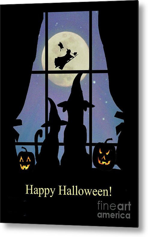 Halloween Metal Print featuring the photograph Happy Halloween Cute Dog and Cat in Witch Hats with Witch and Familiars by Stephanie Laird