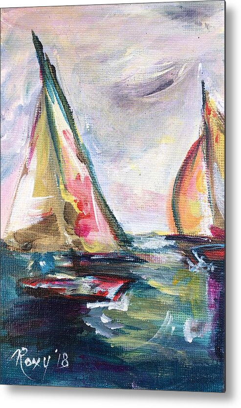 Abstract Boats Metal Print featuring the painting Happy Sails by Roxy Rich