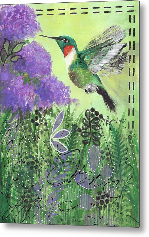 Mixed Media Art Metal Print featuring the painting Hummingbird Out My Window by Cheri Wollenberg