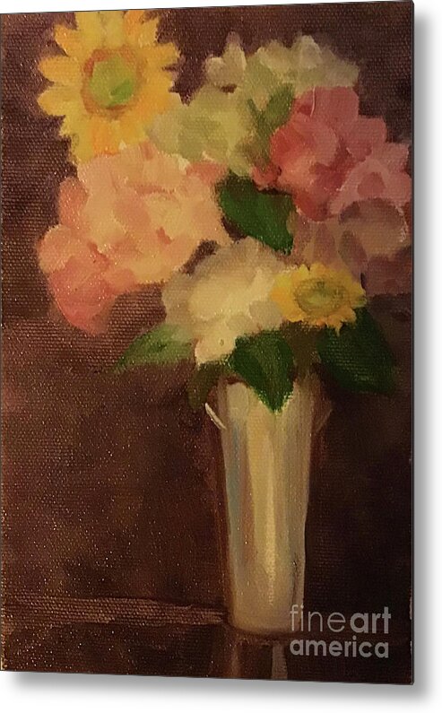 Hydrangea Metal Print featuring the painting Hydrangeas Silver Bucket by Anne Marie Brown