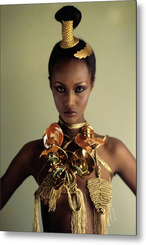Accessories Metal Print featuring the photograph Iman In Mary McFadden Gold Jewelry by Ishimuro